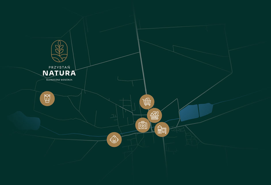 Mapa okolicy Przystani Natura z pobliskimi udogodnieniami: stadnina koni, sklepy, plac zabaw, przedszkole i przychodnia